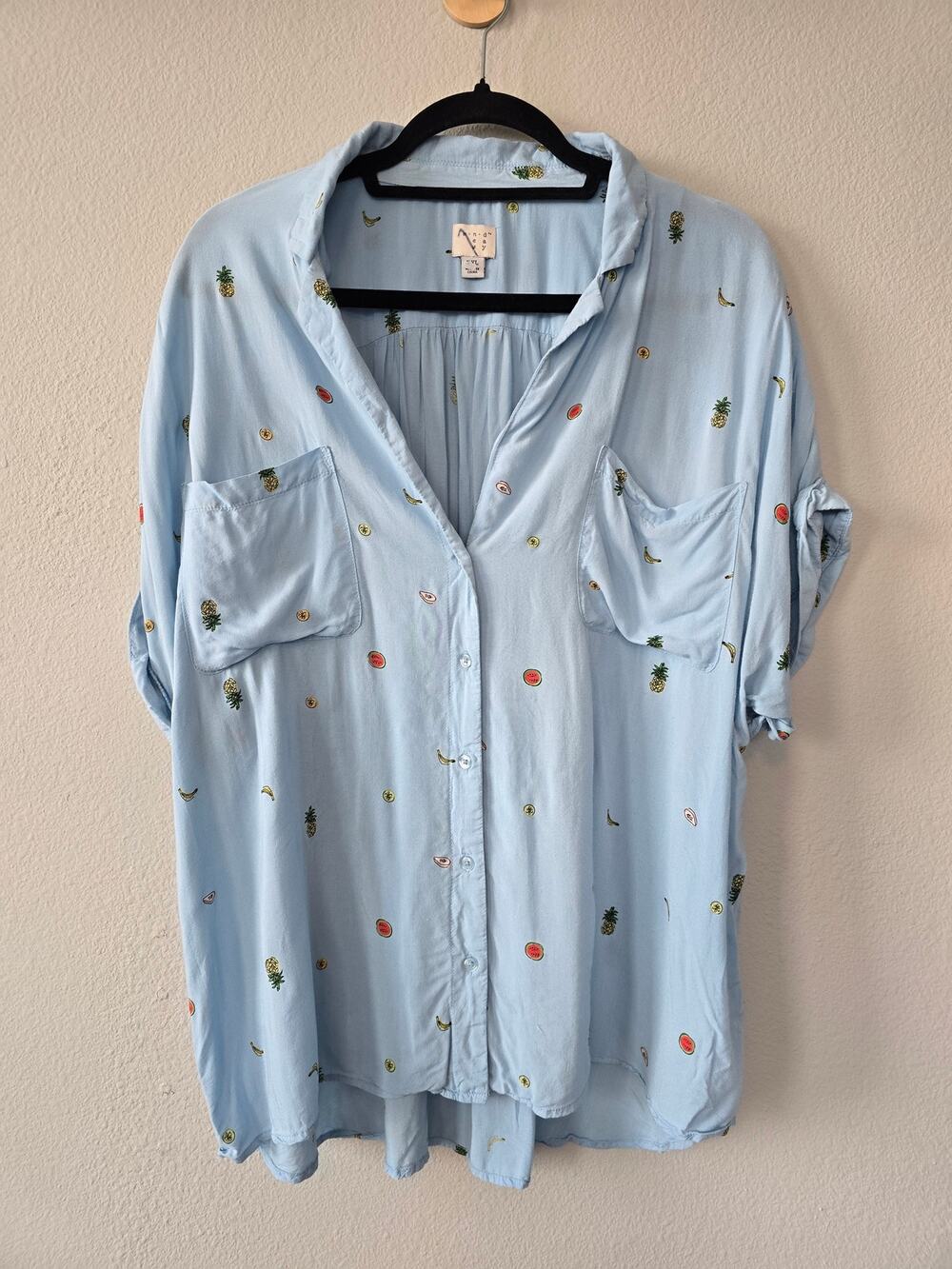 A New Day XXL Blue Tropical Fruit Print Button Up Rayon Shirt Oversize Pineapple